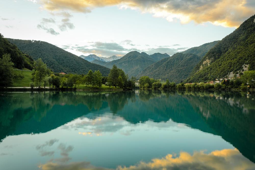 Sunset over the river Soča, Slovenia