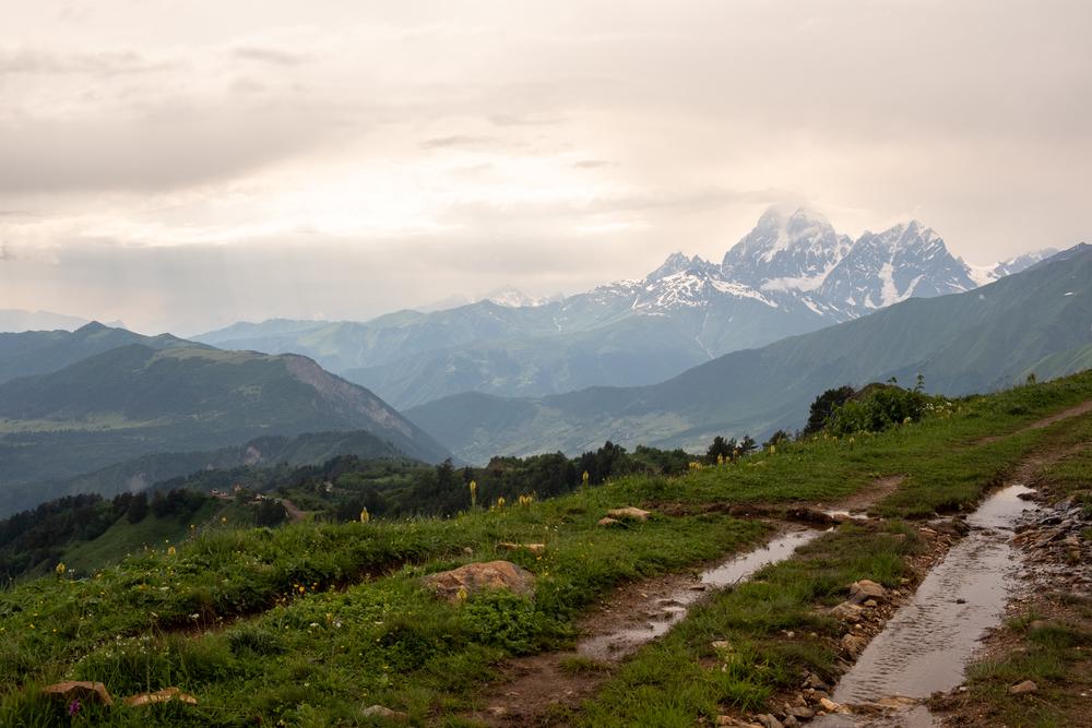 Mount Ushba from Tetnuldi on a wet day, Georgia