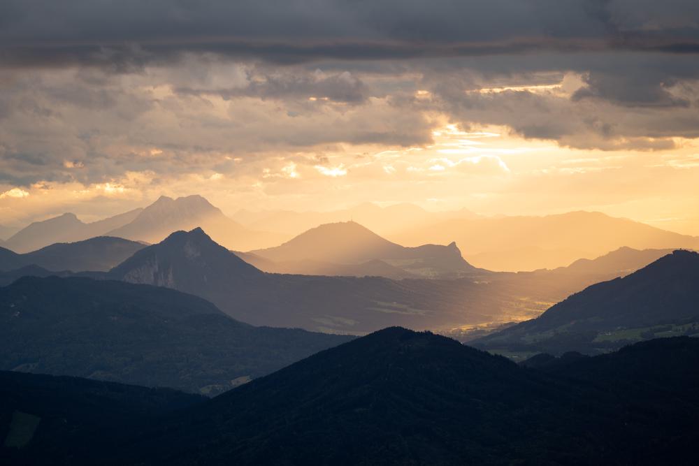 Golden light over the mountains around Traunsee, Austria